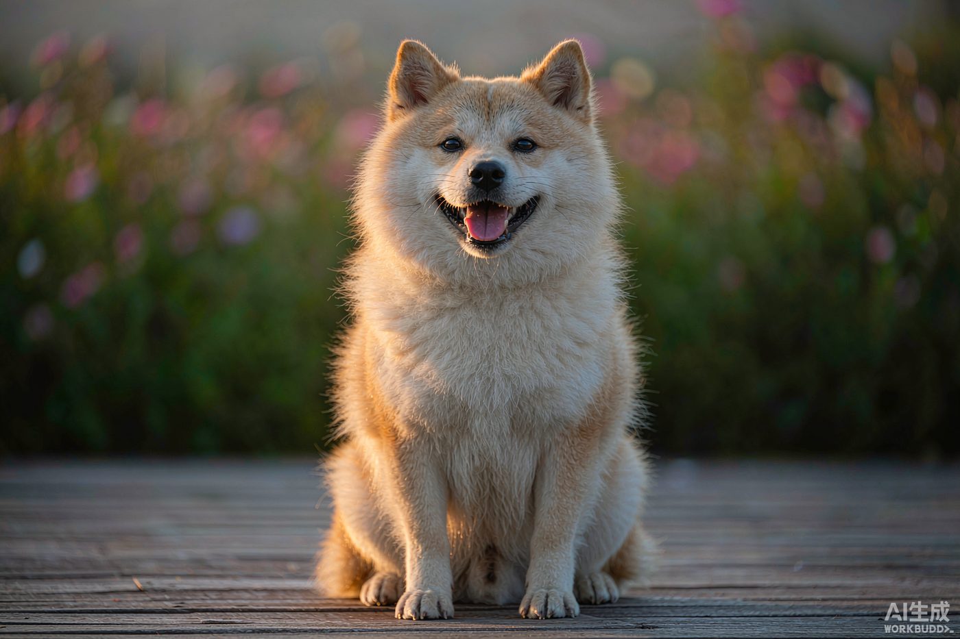 A happy golden retriever sitting on a kitchen floor next to its food bowl, morning light through a window