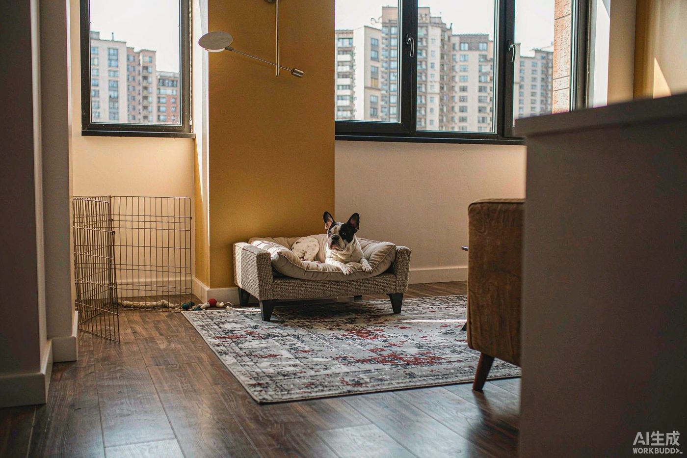 A small dog sitting by a bright apartment window next to a tidy setup of a food bowl on a mat, a folded crate, and a basket of toys