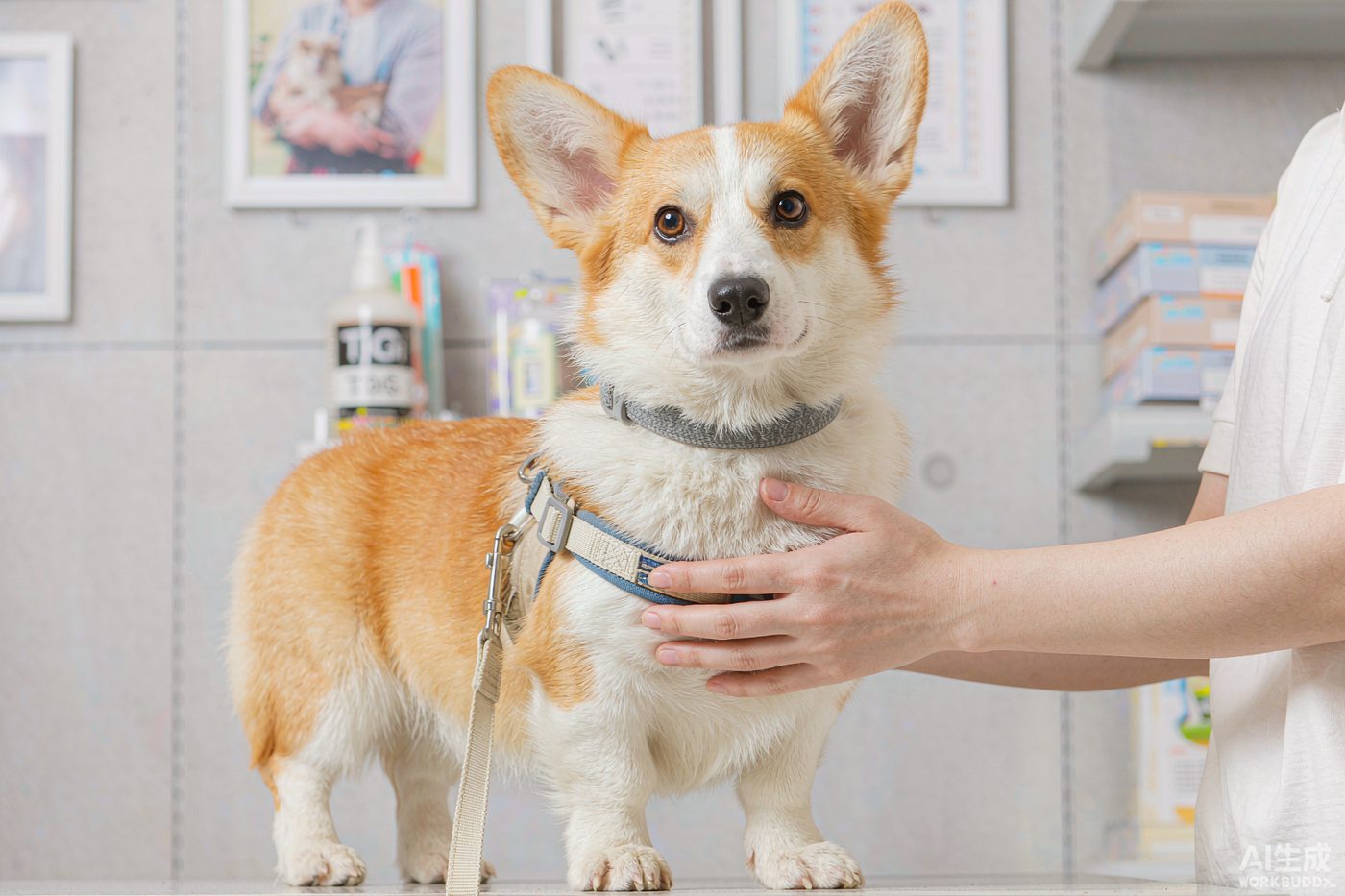 A dog seen from behind wearing both a flat collar with a bone-shaped ID tag and a mesh harness, standing at a park entrance