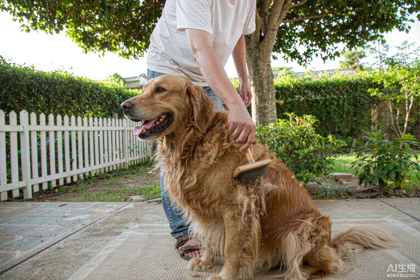 A golden retriever lying on its side on a towel while a person brushes loose undercoat fur from its back with a rake-style deshedding tool