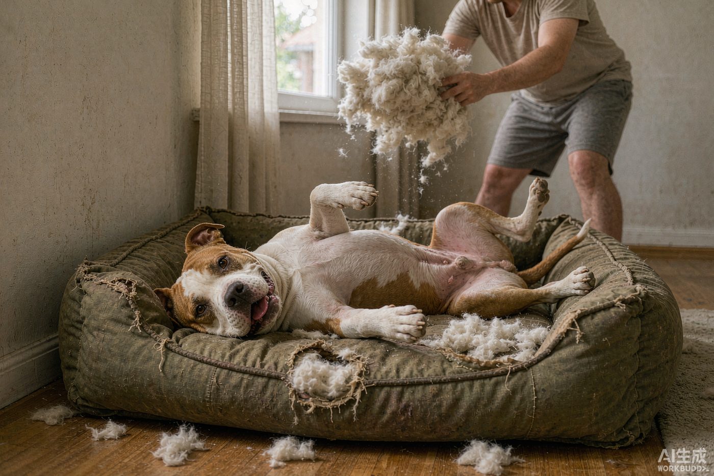 A large dog lying on a canvas-topped dog bed with raised edges, chewing idly on a rubber toy beside the bed instead of the bed itself