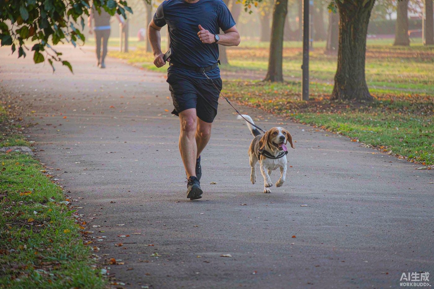 A runner on a park path at golden hour with a dog beside them on a waist-attached bungee leash, both mid-stride