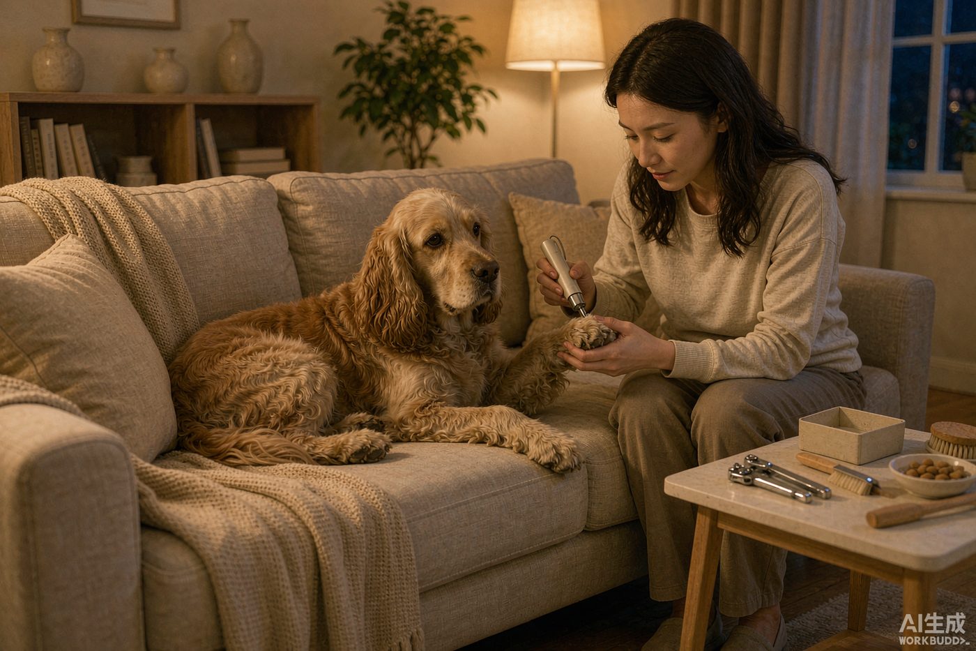 A small dog lying on a grooming table having a nail smoothed with a low-noise cordless grinder held gently against its paw