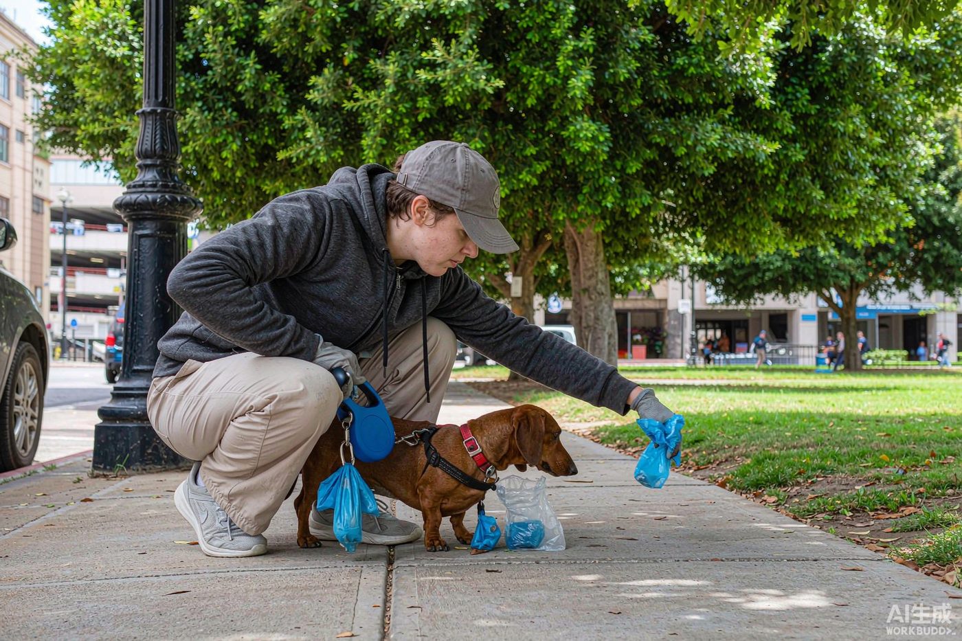 A person on an early morning city walk clipping a small bone-shaped poop bag dispenser onto a leash handle, dog waiting patiently
