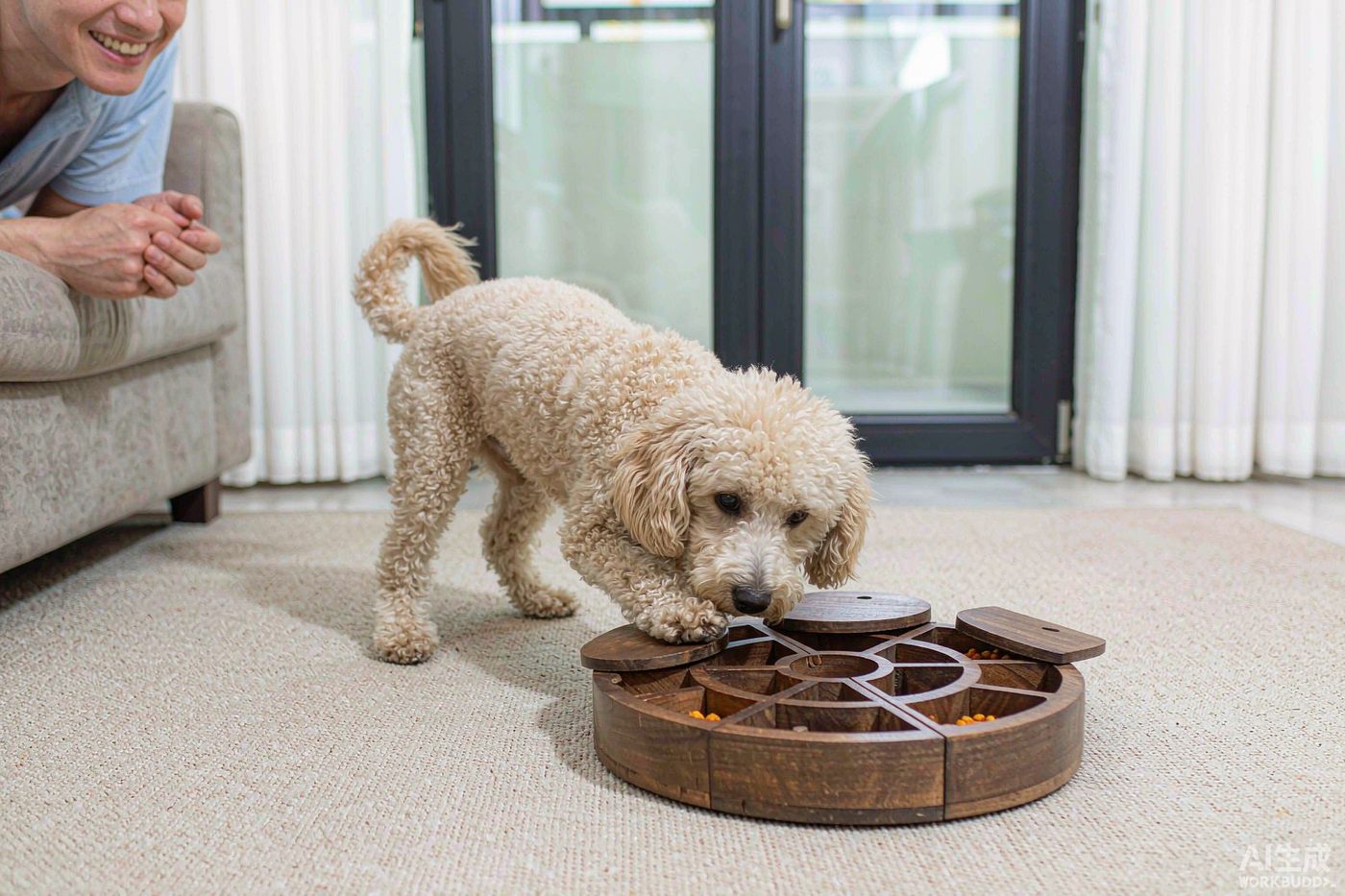 A dog nudging a sliding-panel puzzle toy with its nose on a living room floor, treats visible in the open compartments
