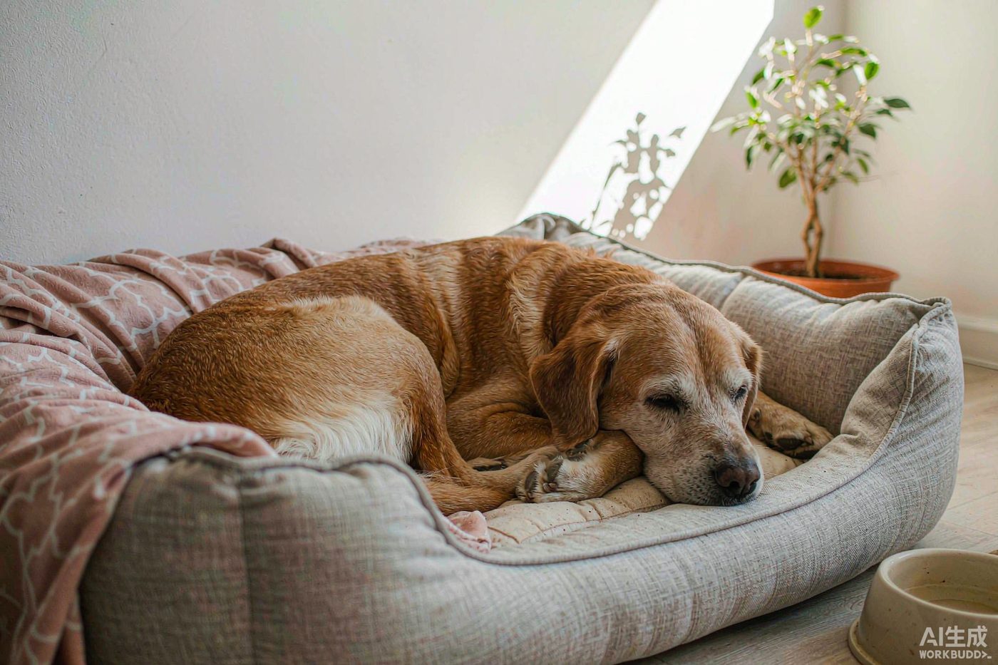 An older golden retriever with a grey muzzle resting on an orthopedic memory foam bed beside a warm window, a soft blanket nearby