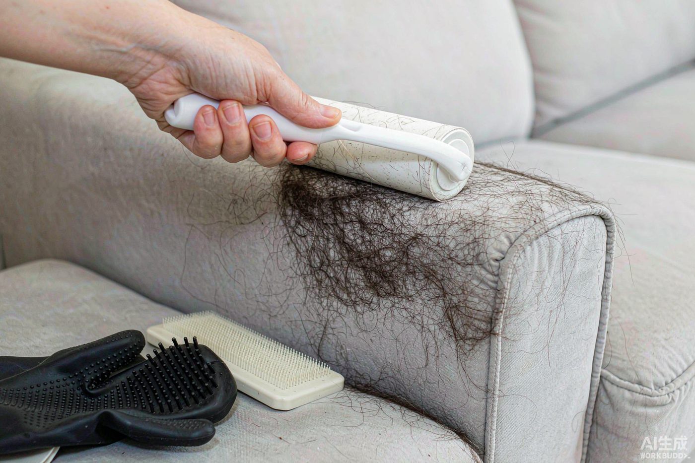 A person sweeping pet hair off a fabric sofa with a rubber bristle brush, a lint roller and a microfiber cloth waiting on the cushion beside them