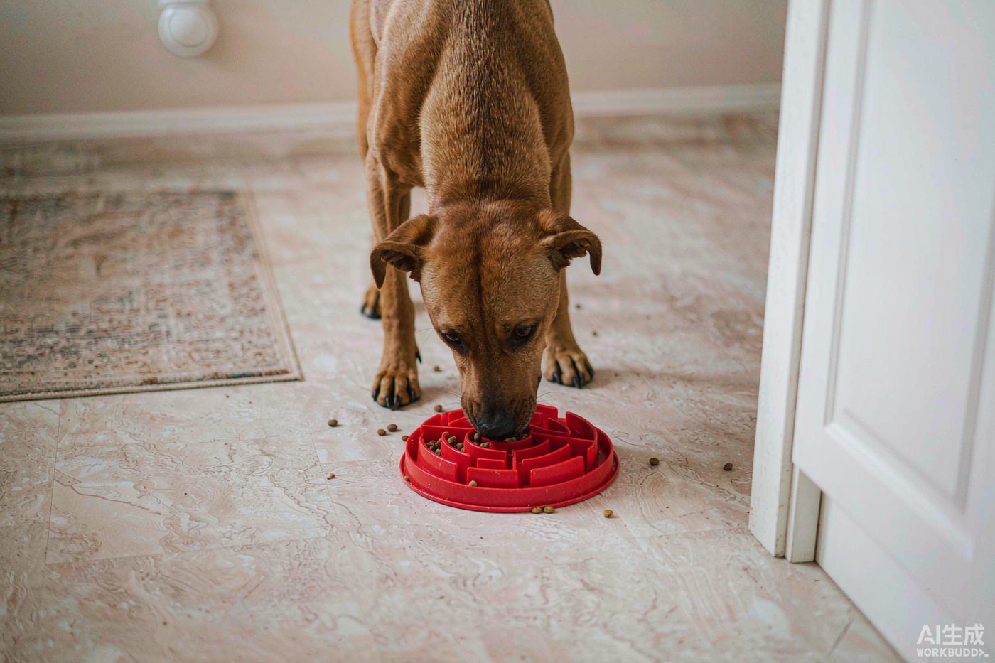 A dog eating from a maze-pattern slow feeder bowl on a kitchen floor, kibble scattered between the ridges