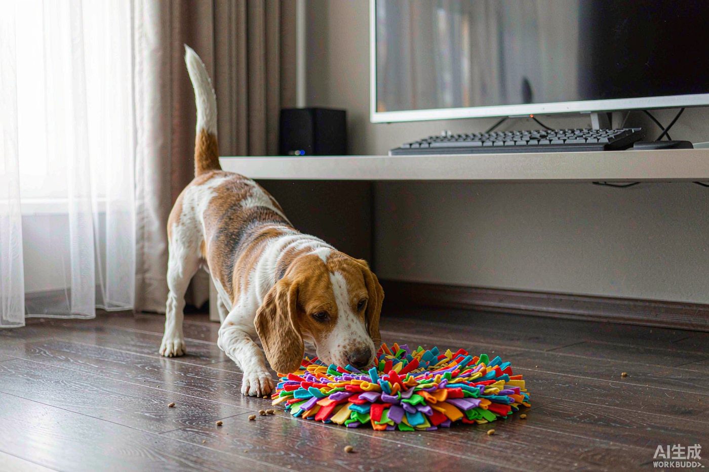 A dog sniffing intently through the fabric strips of a colorful snuffle mat on the floor, nose buried between the fleece flaps