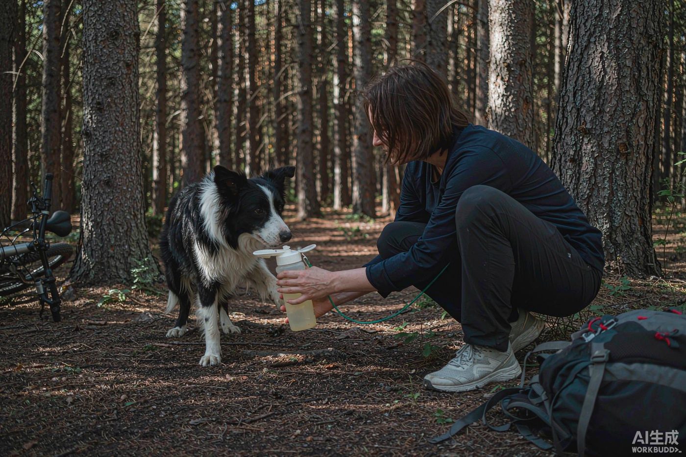A person crouching on a forest trail offering water to a dog from a handheld travel bottle, the dog drinking from the attached tray