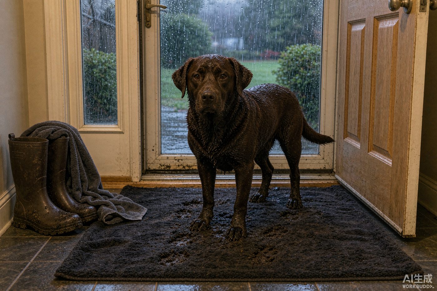 A wet dog standing on a low-pile washable rug just inside a front door, paw prints visible on the mat but not on the wood floor beyond